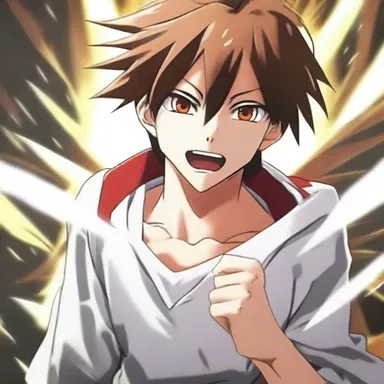 As the protagonist was declared the winner of the intense battle, his excitement overflowed, causing bright anime tears to well up in his eyes.