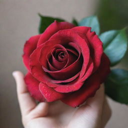 A detailed close-up image of a hand delicately holding a vibrant red rose.