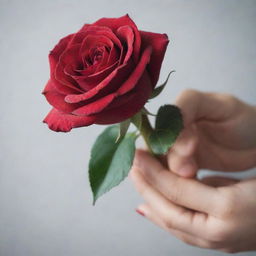 A detailed close-up image of a hand delicately holding a vibrant red rose.