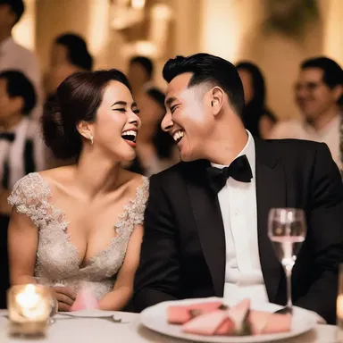 During the romantic dinner, their overflowing laughter filled the room as they shared intimate jokes and stories.