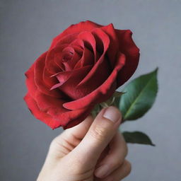 A detailed close-up image of a hand delicately holding a vibrant red rose.