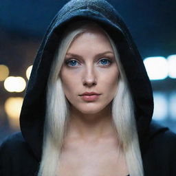 A lady with striking platinum blonde hair, a pale face, and piercing blue eyes, wrapped in a black hooded robe, sitting under the cascading rain at night