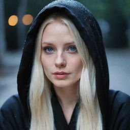 A lady with striking platinum blonde hair, a pale face, and piercing blue eyes, wrapped in a black hooded robe, sitting under the cascading rain at night