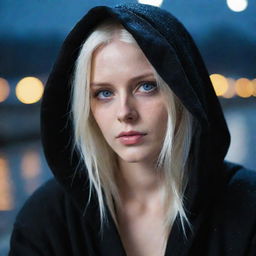 A lady with striking platinum blonde hair, a pale face, and piercing blue eyes, wrapped in a black hooded robe, sitting under the cascading rain at night