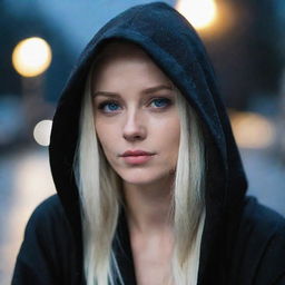 A lady with striking platinum blonde hair, a pale face, and piercing blue eyes, wrapped in a black hooded robe, sitting under the cascading rain at night