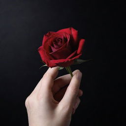 A close-up view of a hand with delicate fingers gracefully holding a singular red rose. The scene is set against a void-like, stark black background.