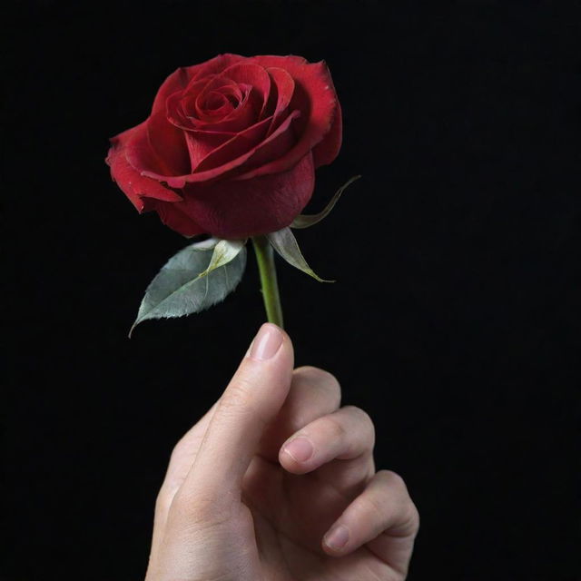 A close-up view of a hand with delicate fingers gracefully holding a singular red rose. The scene is set against a void-like, stark black background.