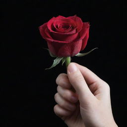 A close-up view of a hand with delicate fingers gracefully holding a singular red rose. The scene is set against a void-like, stark black background.