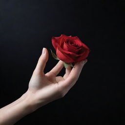 A close-up view of a hand with delicate fingers gracefully holding a singular red rose. The scene is set against a void-like, stark black background.