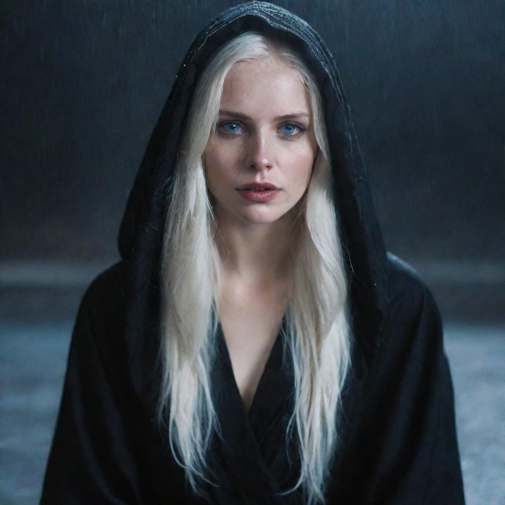 A lady with luminous platinum blonde hair, an extremely pale, white face, and intense blue eyes, cloaked in a black hooded robe, seated while enduring the night-time downpour