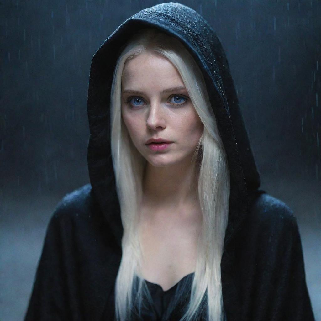 A lady with luminous platinum blonde hair, an extremely pale, white face, and intense blue eyes, cloaked in a black hooded robe, seated while enduring the night-time downpour