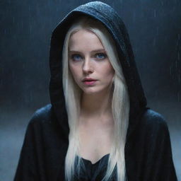 A lady with luminous platinum blonde hair, an extremely pale, white face, and intense blue eyes, cloaked in a black hooded robe, seated while enduring the night-time downpour