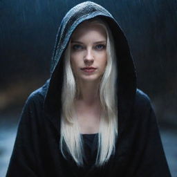 A lady with luminous platinum blonde hair, an extremely pale, white face, and intense blue eyes, cloaked in a black hooded robe, seated while enduring the night-time downpour