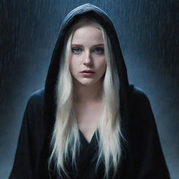 A lady with luminous platinum blonde hair, an extremely pale, white face, and intense blue eyes, cloaked in a black hooded robe, seated while enduring the night-time downpour