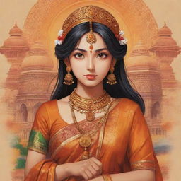 Anime character representing India, adorned in traditional clothing with elements symbolizing Indian culture such as iconic landmarks and spices. Radiates warmth, richness, and vibrancy reminiscent of India.