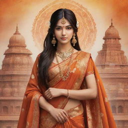 Anime character representing India, adorned in traditional clothing with elements symbolizing Indian culture such as iconic landmarks and spices. Radiates warmth, richness, and vibrancy reminiscent of India.