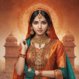 Anime character representing India, adorned in traditional clothing with elements symbolizing Indian culture such as iconic landmarks and spices. Radiates warmth, richness, and vibrancy reminiscent of India.