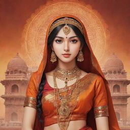 Anime character representing India, adorned in traditional clothing with elements symbolizing Indian culture such as iconic landmarks and spices. Radiates warmth, richness, and vibrancy reminiscent of India.