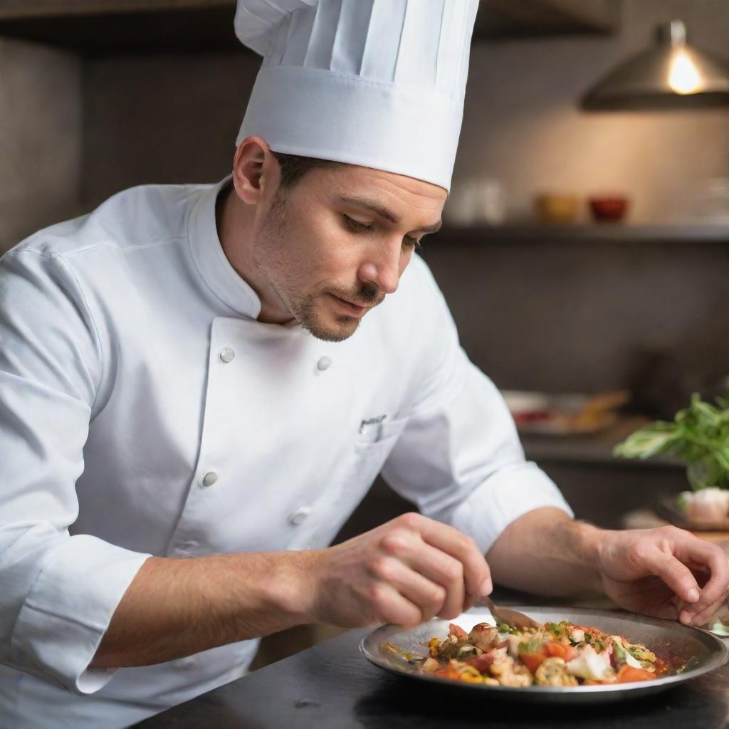 A young, strikingly handsome chef is engrossed in his cooking, attentively adjusting flavors and textures, while adorned with a traditional chef's hat