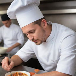 A young, strikingly handsome chef is engrossed in his cooking, attentively adjusting flavors and textures, while adorned with a traditional chef's hat