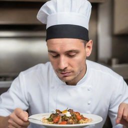 A young, strikingly handsome chef is engrossed in his cooking, attentively adjusting flavors and textures, while adorned with a traditional chef's hat