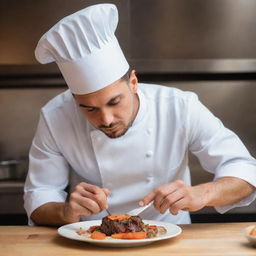 A young, strikingly handsome chef is engrossed in his cooking, attentively adjusting flavors and textures, while adorned with a traditional chef's hat