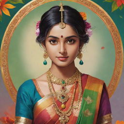 Personified India as an anime character. Dressed in a traditional sari, with vibrant colors, ornate jewellery, and controlling elements of nature.