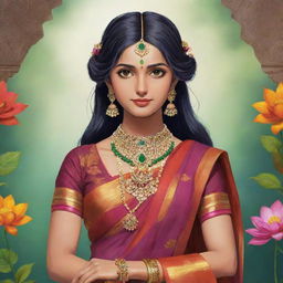 Personified India as an anime character. Dressed in a traditional sari, with vibrant colors, ornate jewellery, and controlling elements of nature.