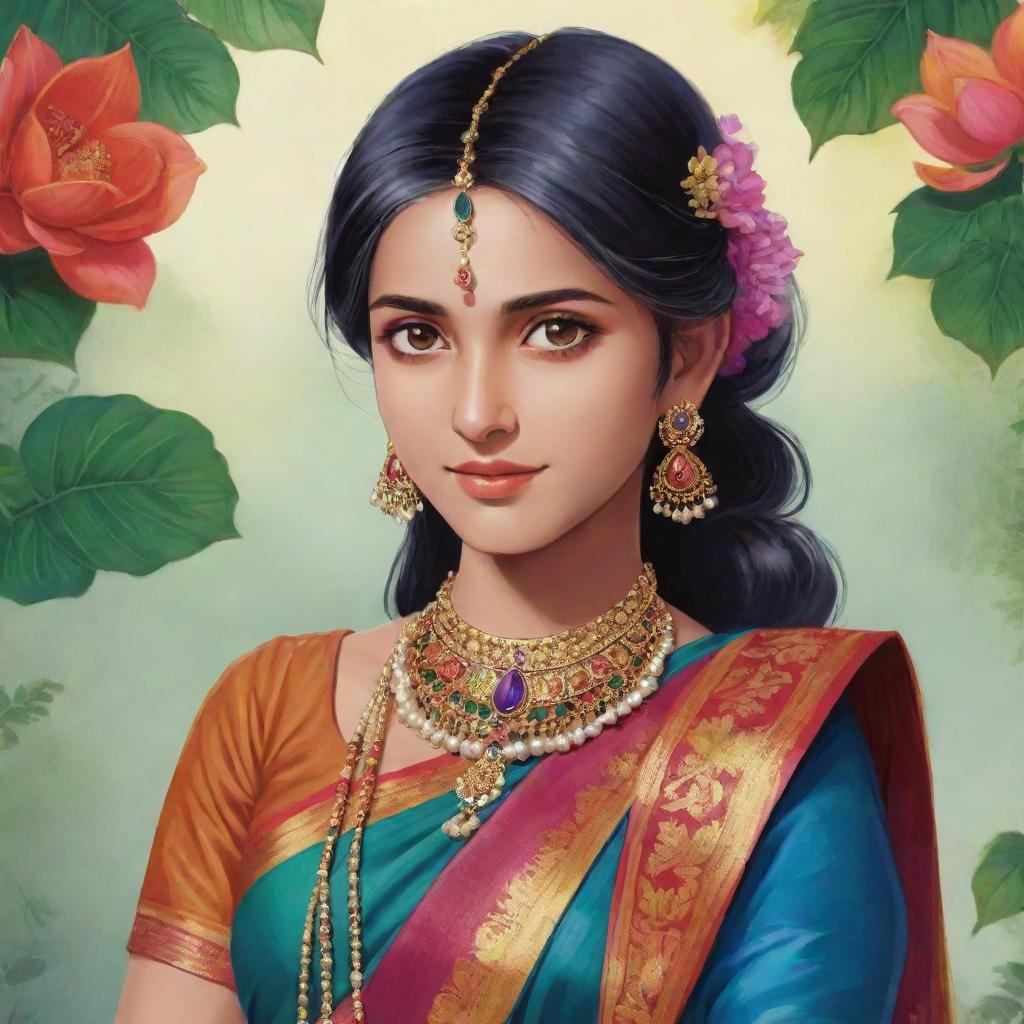 Personified India as an anime character. Dressed in a traditional sari, with vibrant colors, ornate jewellery, and controlling elements of nature.