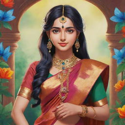 Personified India as an anime character. Dressed in a traditional sari, with vibrant colors, ornate jewellery, and controlling elements of nature.