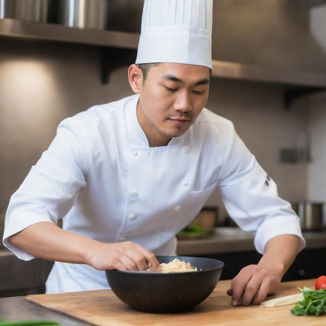 A young, remarkably handsome Asian chef is engaged in his cooking, displaying deep concentration, all while wearing a conventional chef's hat