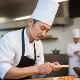 A young, remarkably handsome Asian chef is engaged in his cooking, displaying deep concentration, all while wearing a conventional chef's hat