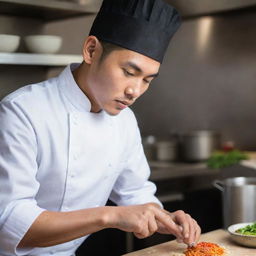 A young, remarkably handsome Asian chef is engaged in his cooking, displaying deep concentration, all while wearing a conventional chef's hat