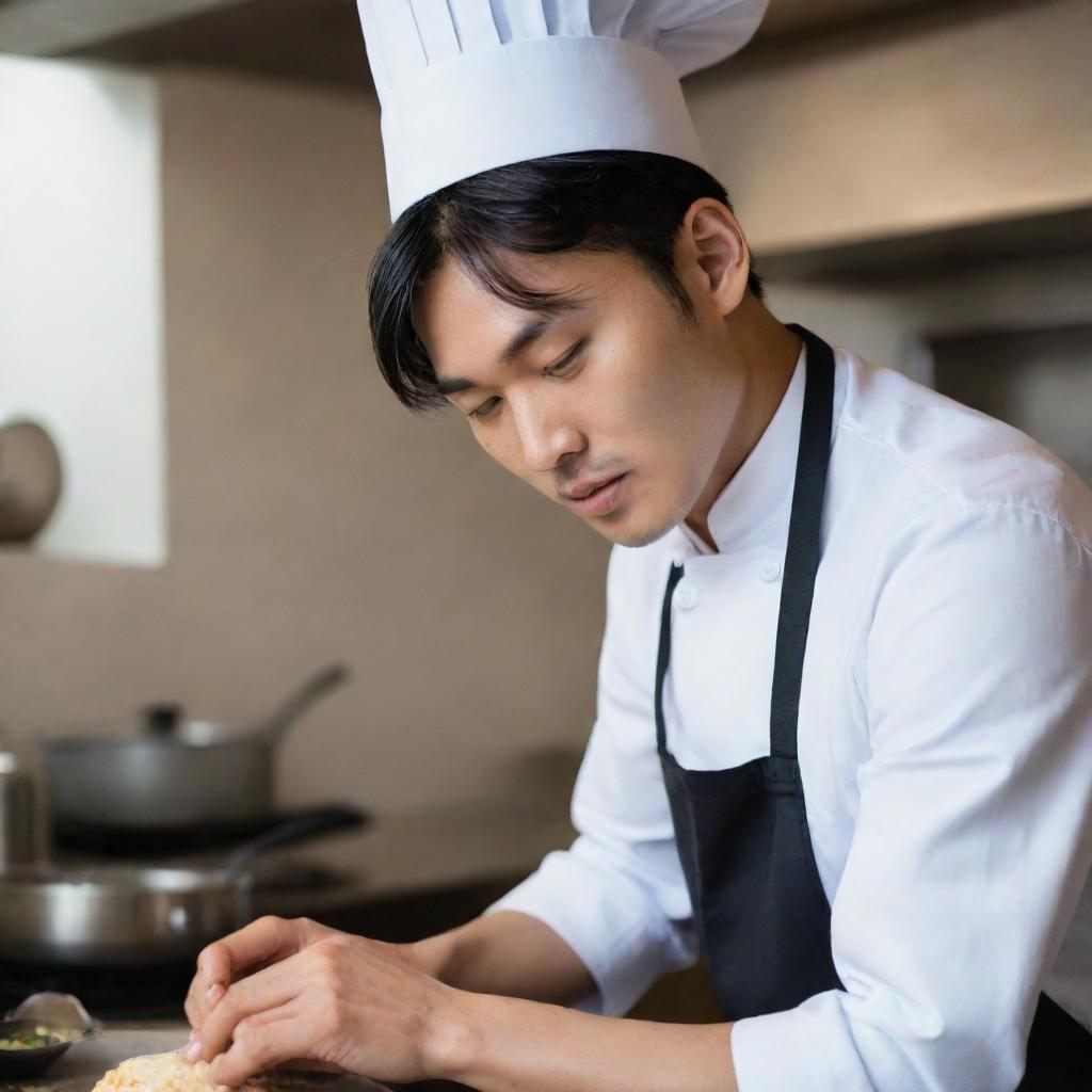 A young, remarkably handsome Asian chef is engaged in his cooking, displaying deep concentration, all while wearing a conventional chef's hat