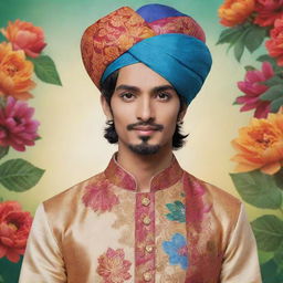 Personified India as a male anime character. Dressed in traditional clothing like kurta pajama, with vibrant colors, elaborate Turban and featuring elements of nature.