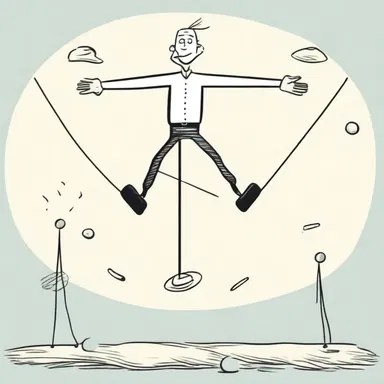 In the cartoon, the balancer effortlessly balanced on a tightrope while juggling multiple objects, creating a comedic effect.