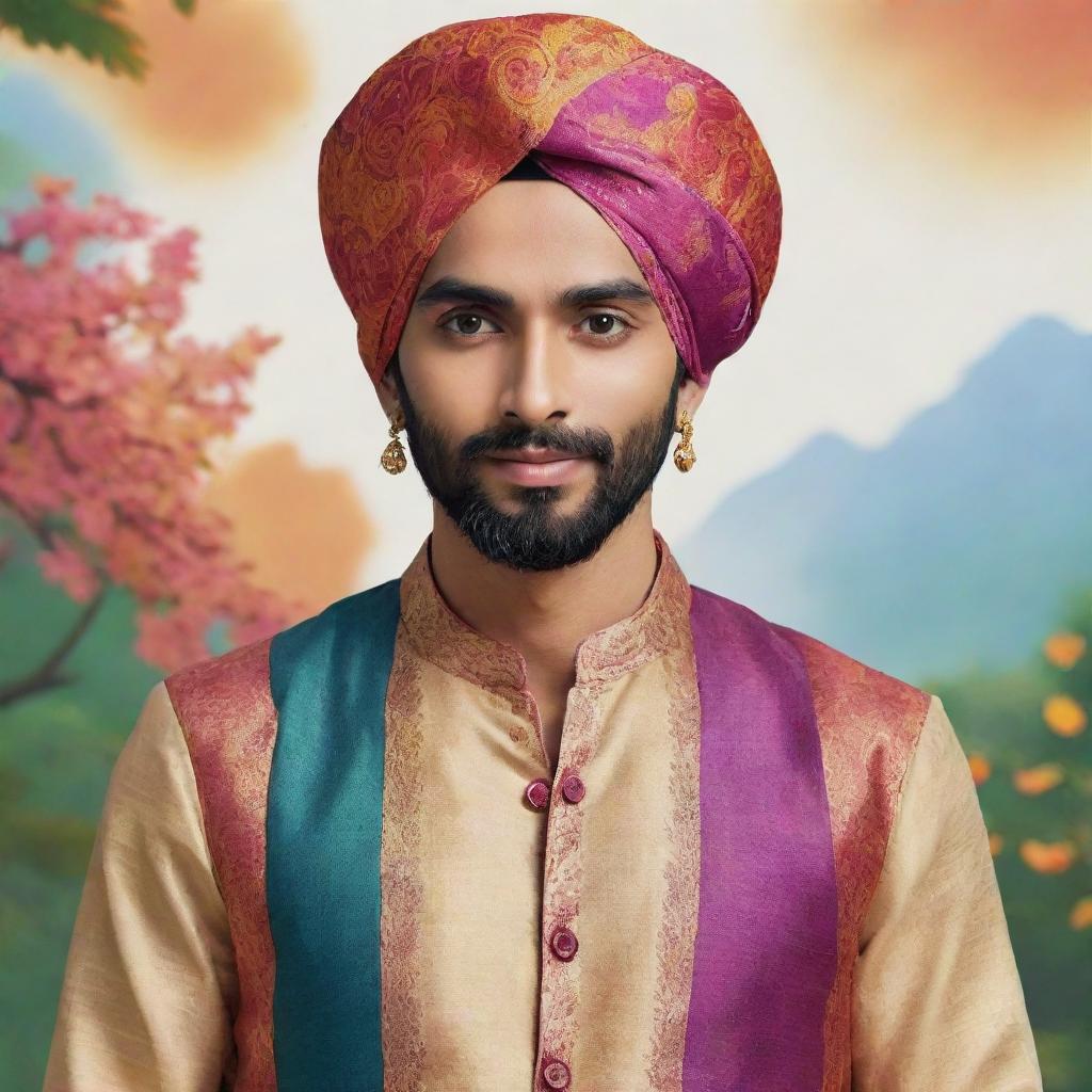 Personified India as a male anime character. Dressed in traditional clothing like kurta pajama, with vibrant colors, elaborate Turban and featuring elements of nature.