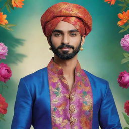 Personified India as a male anime character. Dressed in traditional clothing like kurta pajama, with vibrant colors, elaborate Turban and featuring elements of nature.