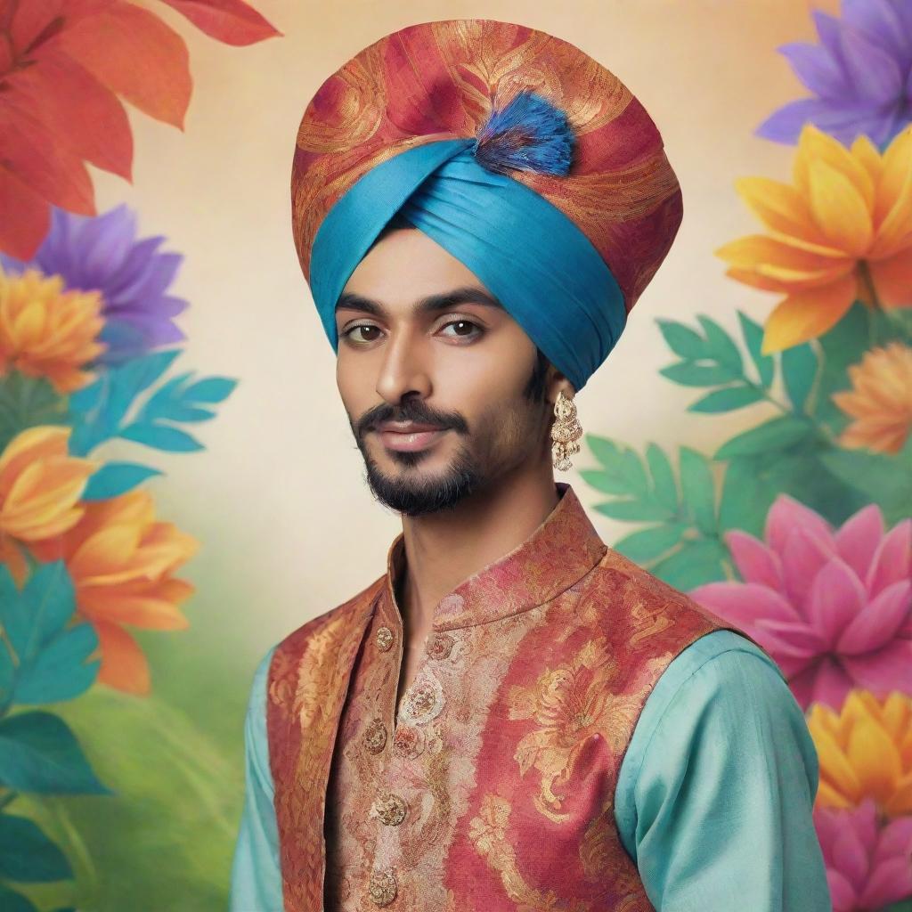 Personified India as a male anime character. Dressed in traditional clothing like kurta pajama, with vibrant colors, elaborate Turban and featuring elements of nature.