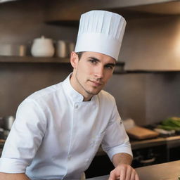 An exceptionally handsome, young chef diligently cooking and displaying an air of profound concentration, donned in a classic chef's hat