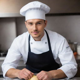 An exceptionally handsome, young chef diligently cooking and displaying an air of profound concentration, donned in a classic chef's hat