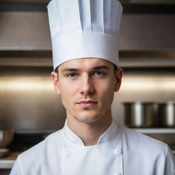 An exceptionally handsome, young chef diligently cooking and displaying an air of profound concentration, donned in a classic chef's hat