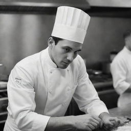 An exceptionally handsome, young chef diligently cooking and displaying an air of profound concentration, donned in a classic chef's hat