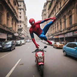 Spiderman swinging through the bustling streets of Mumbai. India's iconic landmarks: the Gateway of India, Taj Mahal, and auto-rickshaws zipping around.