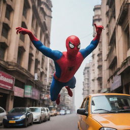 Spiderman swinging through the bustling streets of Mumbai. India's iconic landmarks: the Gateway of India, Taj Mahal, and auto-rickshaws zipping around.