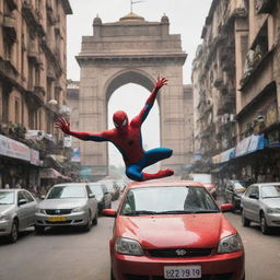 Spiderman swinging through the bustling streets of Mumbai. India's iconic landmarks: the Gateway of India, Taj Mahal, and auto-rickshaws zipping around.