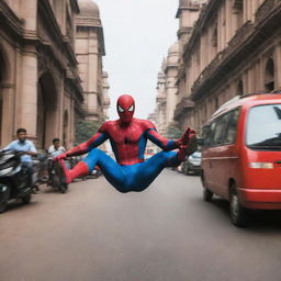 Spiderman swinging through the bustling streets of Mumbai. India's iconic landmarks: the Gateway of India, Taj Mahal, and auto-rickshaws zipping around.