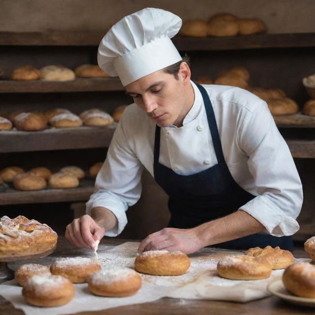 A young, handsome baker from the 1700s era, engrossed in his craft, creating pastries with serious dedication while wearing a traditional chef's hat
