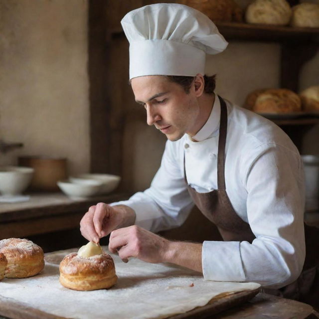 A young, handsome baker from the 1700s era, engrossed in his craft, creating pastries with serious dedication while wearing a traditional chef's hat