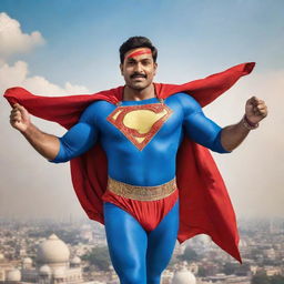 An Indian superhero flying high in the sky. Dressed in vibrant traditional attire with modern modifications, powerful gaze, and showcasing elements like Taj Mahal and Indian flag in the background.